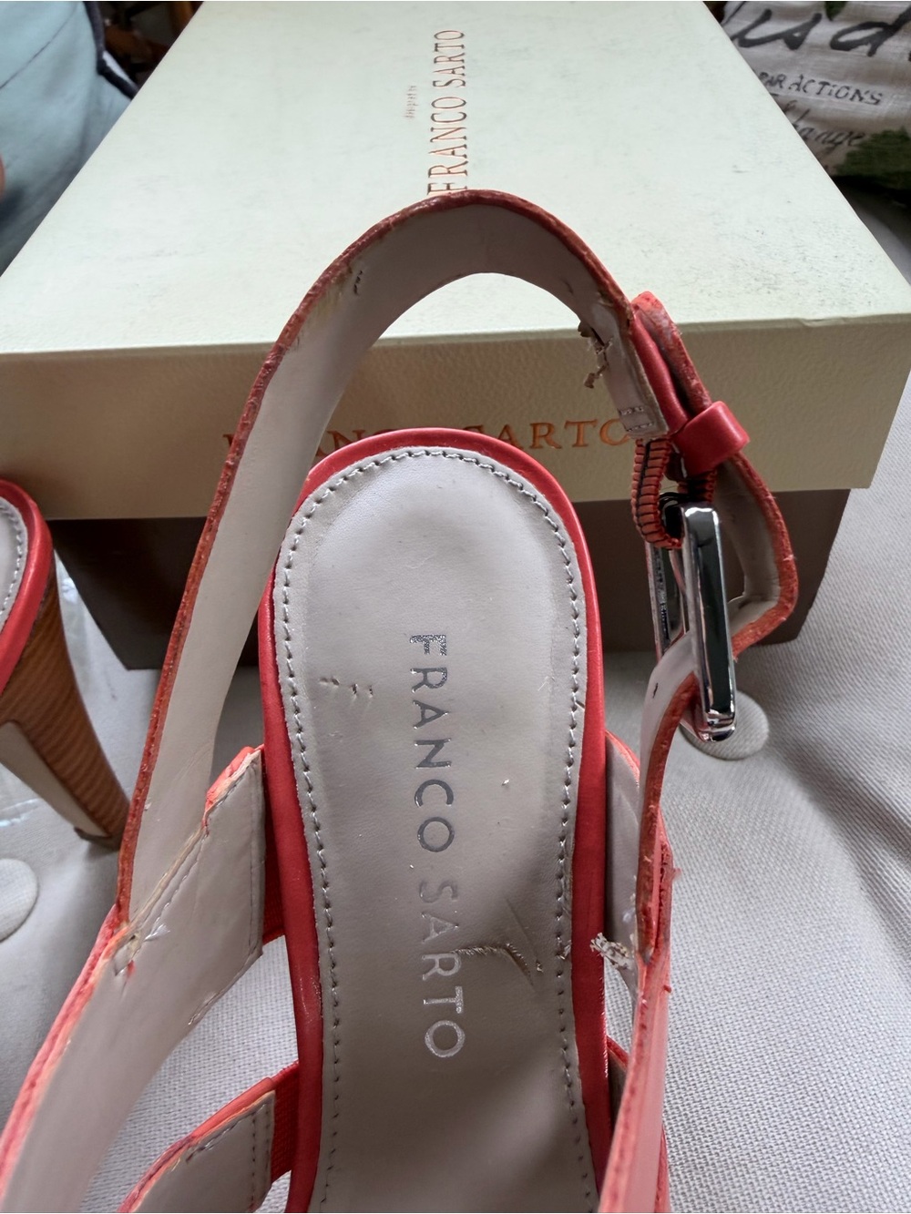 Franco Sarto Orange-Red Strappy Buckle Heels - Picture 6 of 7